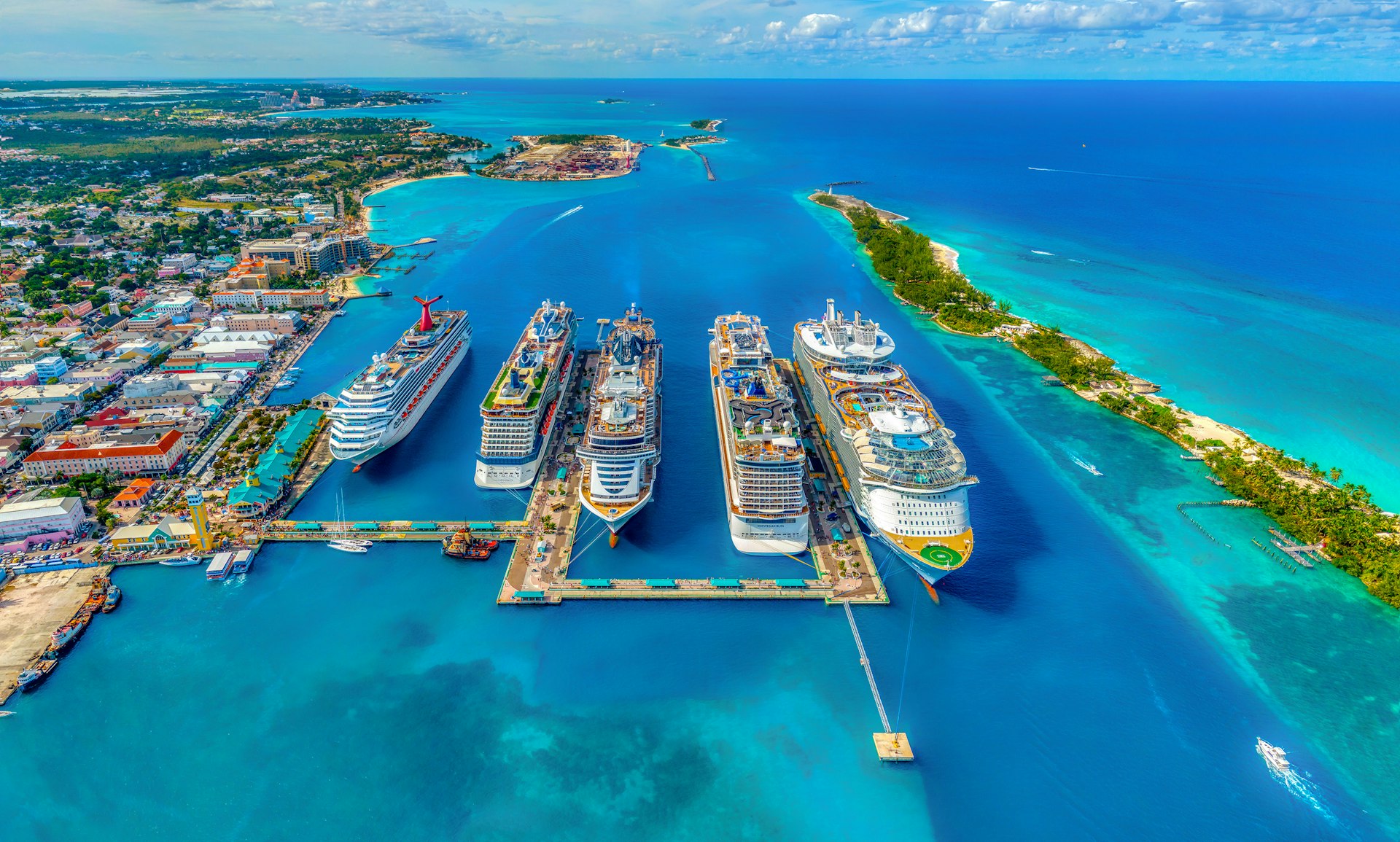 Royal Caribbean and luxury cruise ships docked in the Caribbean at the Port of Nassau